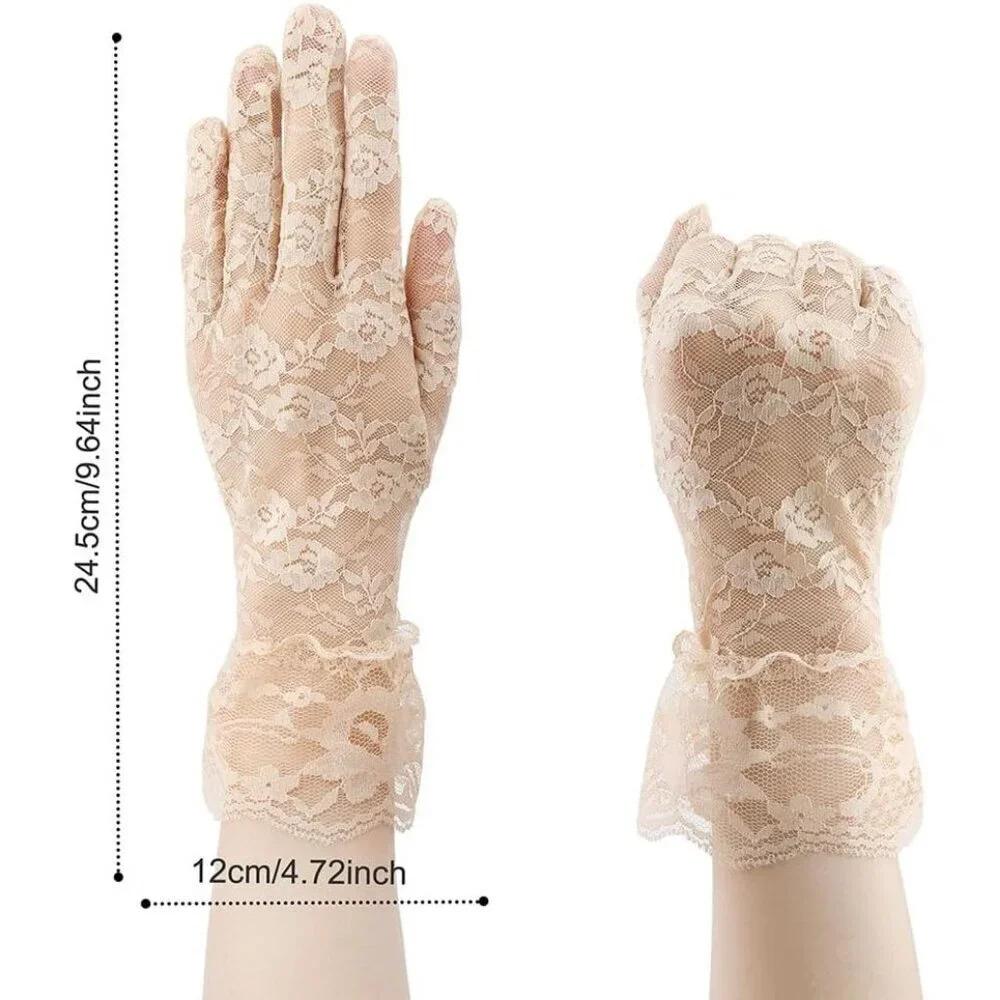 Women's Evening Beige Flower Pattern Lace Gloves Design Wedding Party Prom
